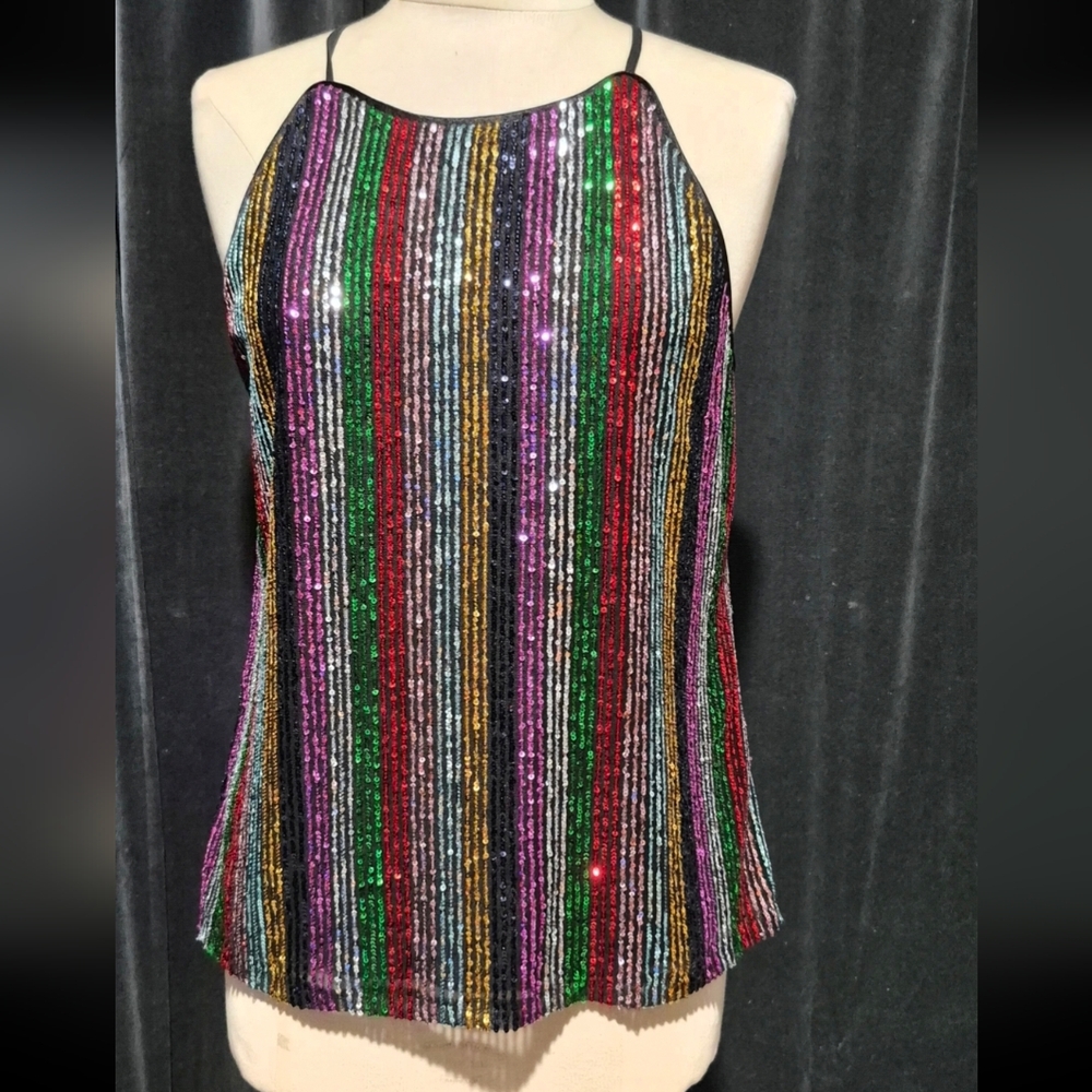 INC International Concepts Multicolor Sequin Halter Top
